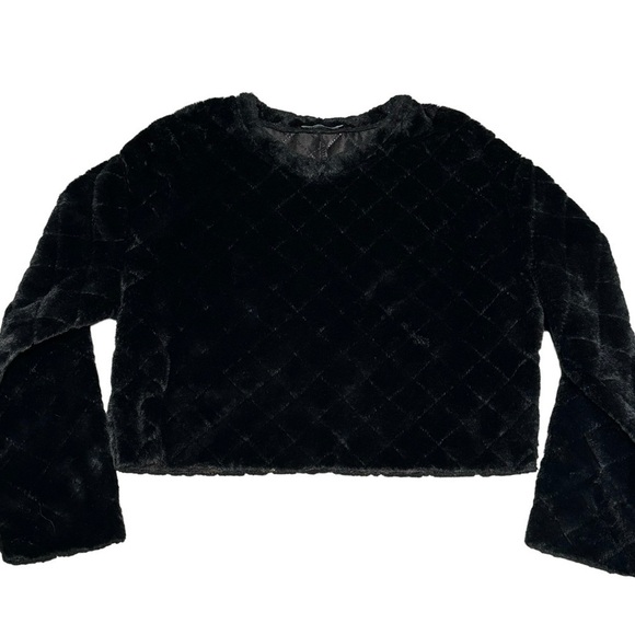 Zara Faux Fur Black Checkered Design Long Sleeve Crew Neck Loose Crop Top Small - Picture 1 of 8